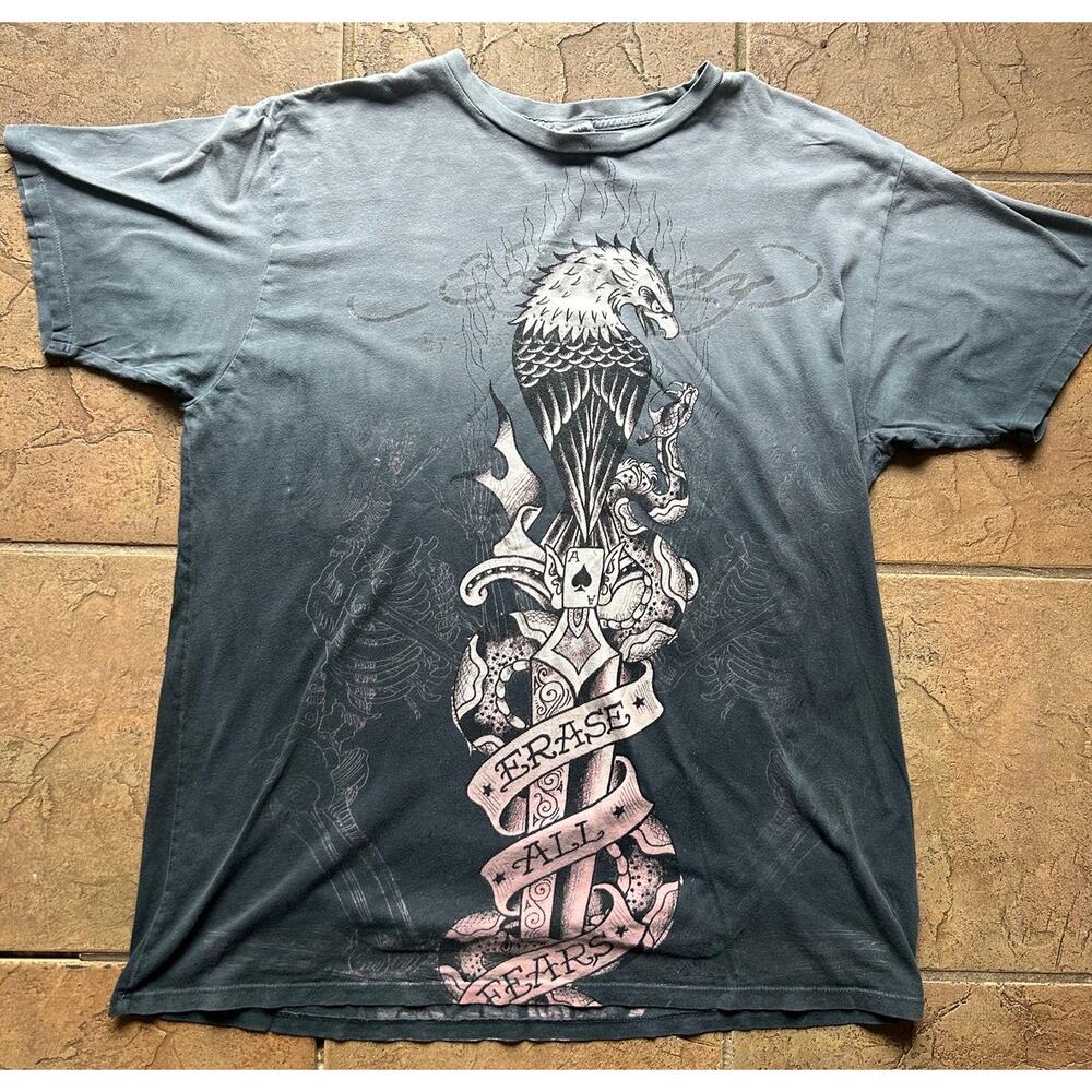 Ed Hardy Erase All Fears T Shirt Mens XL Gray Graphic Skull Snake